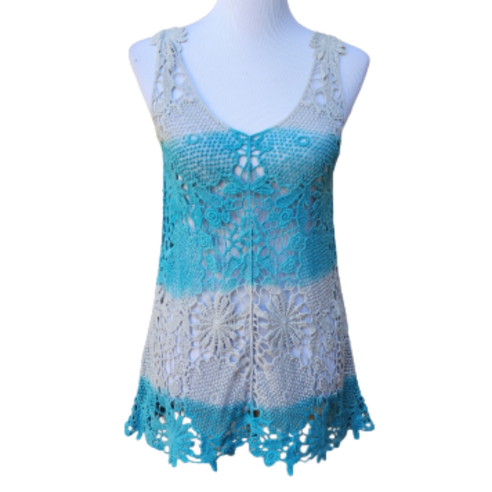 Carrie Allen Sheer Knit Crochet Lace Blouse Floral Blue Gray Cover-Up